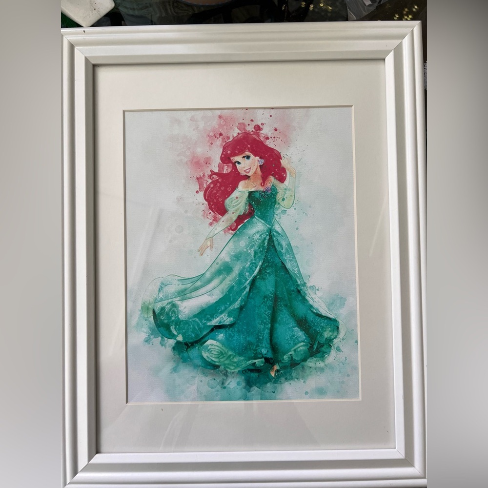 Disney Ariel Watercolor Print in Teal Dress Framed and Matted